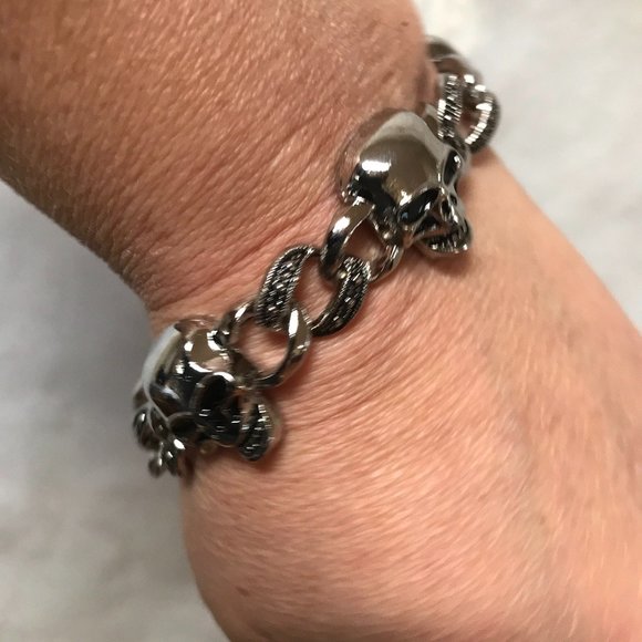 Skull Bracelet Chain Biker Silver Rock Mans Moto Gothic Motorcycle Skulls Unisex - Picture 7 of 10